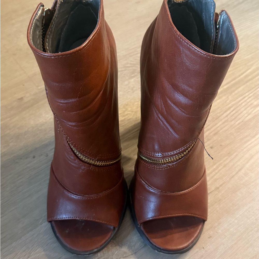 Brown Leather Peep-Toe Ankle Boots